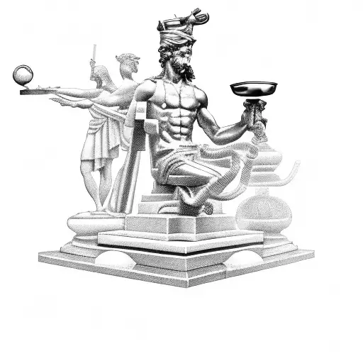 A Black And Grey Tattoo Of The Statue Of Hermes Holding A Cocktail Shaker