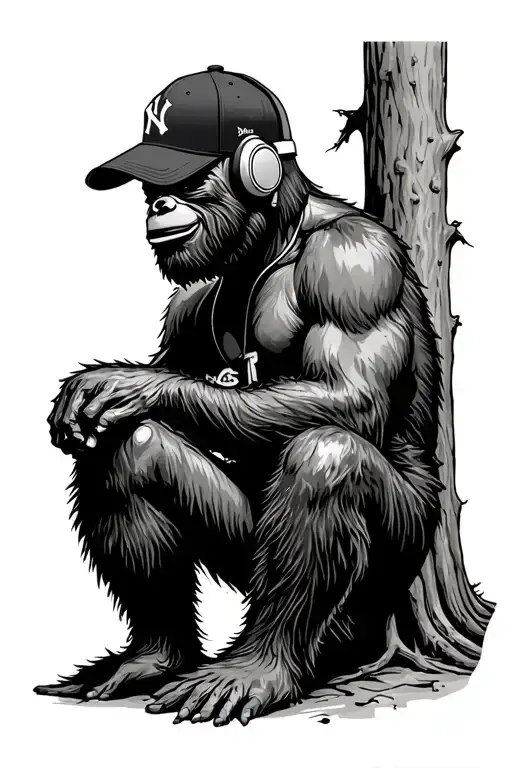 Bigfoot Wearing Fitted Ny Yankees Hat Backwards Listening To Headphones Sitting Next To Tree
