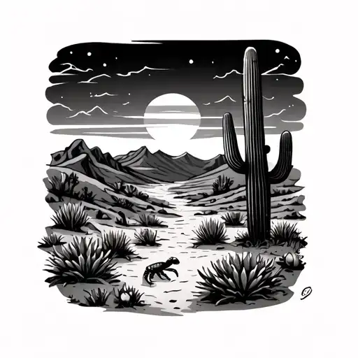 Desert Scene With Cactus Sunset And Scorpion
