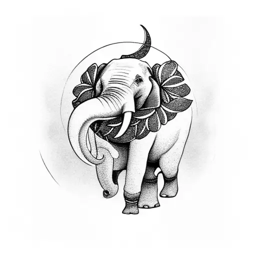 Elephant With The Moon In The Background Walking In A Field Of Dahlia Flowers