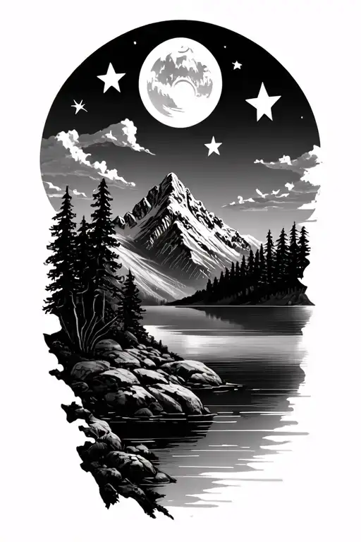 Mountain With Lake And 3 Stars In Sky