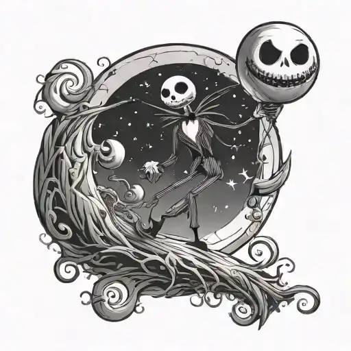 Jack Skellington Holding A Balloon Flying In The Shape Of A Moon