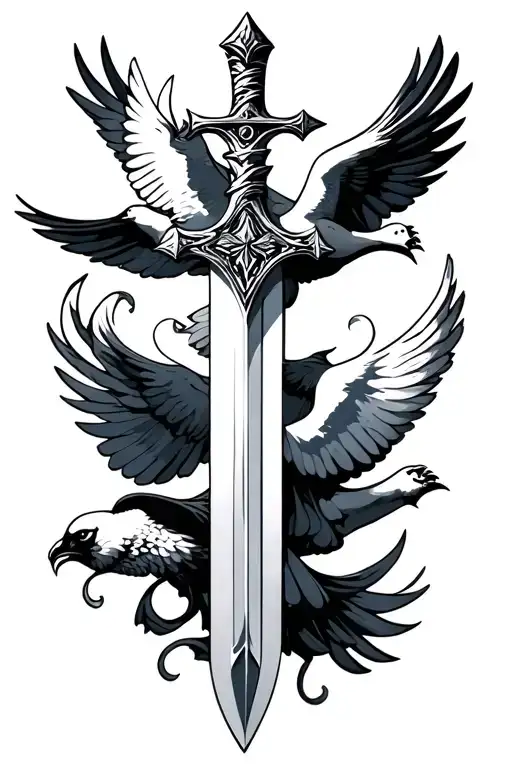 Cross Shaped Sword With Doves Flying