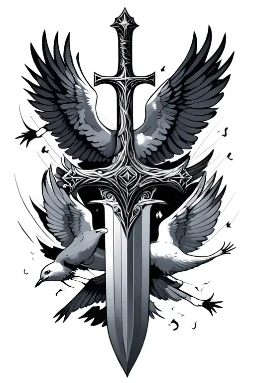 Cross Shaped Sword With Doves Flying