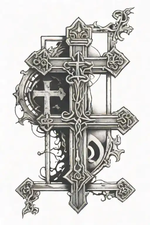 3 Crosses Behind The Left Ear With Roman Numerals Running Down The Left Side Of The Crosses