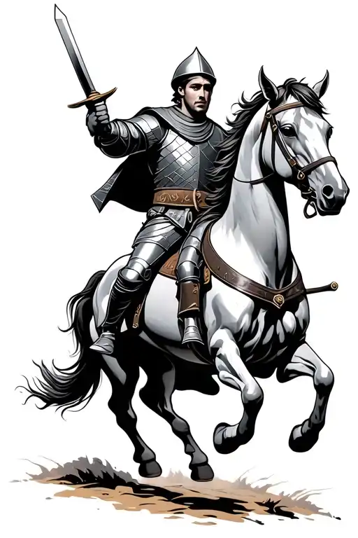 Serbian Knight Holding Up Sword On Horse Galloping