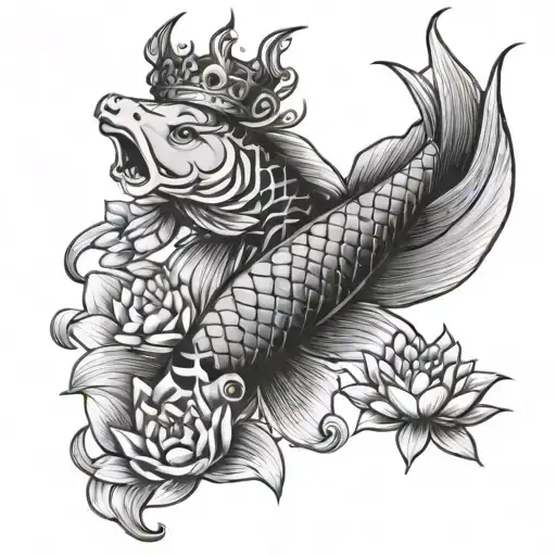 Koi Fish With Princess Crown And Lotus Flower
