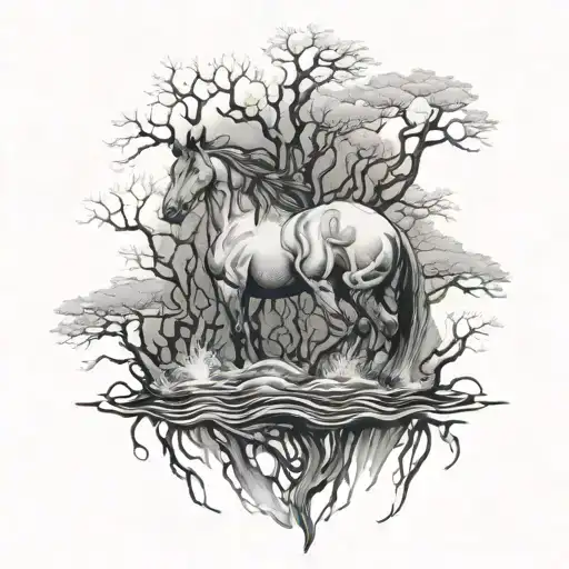 Horse Water Trees Intertwined