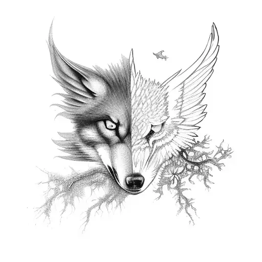 Phoenix And Wolf With An Oak Tree