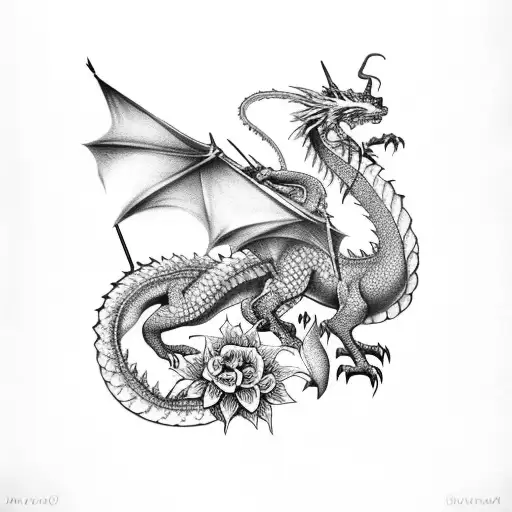 Dragon With Sword And Flowers And Girl