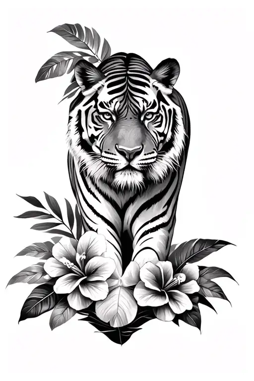 Tiger Who Walks Down With Leaf Of The Jungle And Tropical Flowers