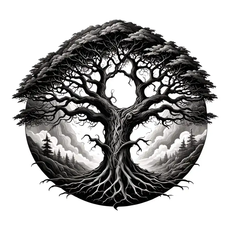 Very Detailed Yggdrasil Tree Full Back Tattoo Design