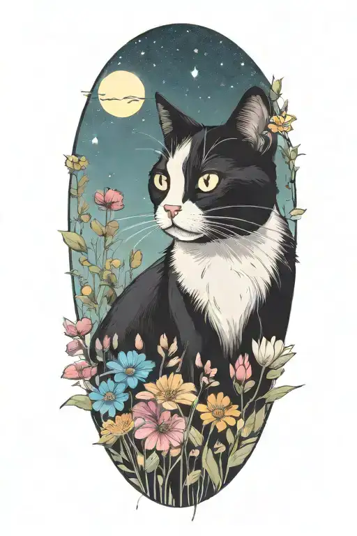 A Black And White Cat Exploring A Field Of Colorful Flowers Under A Starry Sky