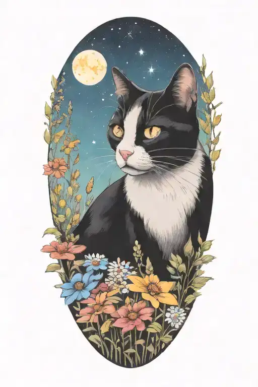 A Black And White Cat Exploring A Field Of Colorful Wildflowers Under A Starry Sky