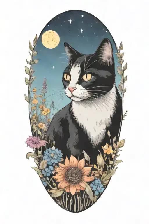 A Whimscial Black And White Cat Exploring A Field Of Colorful Wildflowers Under A Starry Sky