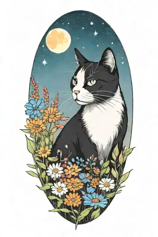A Whimscial Female Black And White Cat Exploring A Field Of Colorful Wildflowers Under A Starry Sky