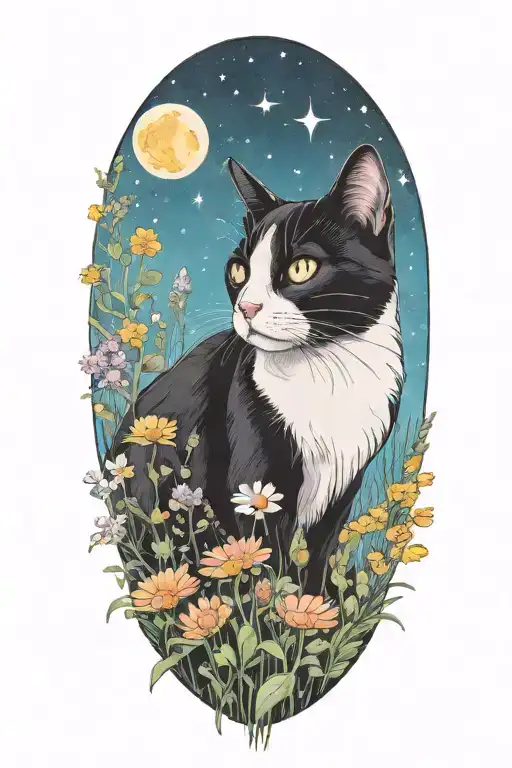 A Whimscial Black And White Cat Exploring A Field Of Colorful Wildflowers Under A Starry Sky