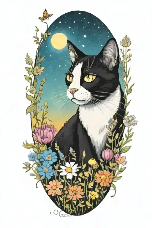 A Whimscial Black And White Cat Exploring A Field Of Colorful Wildflowers Under A Starry Sky