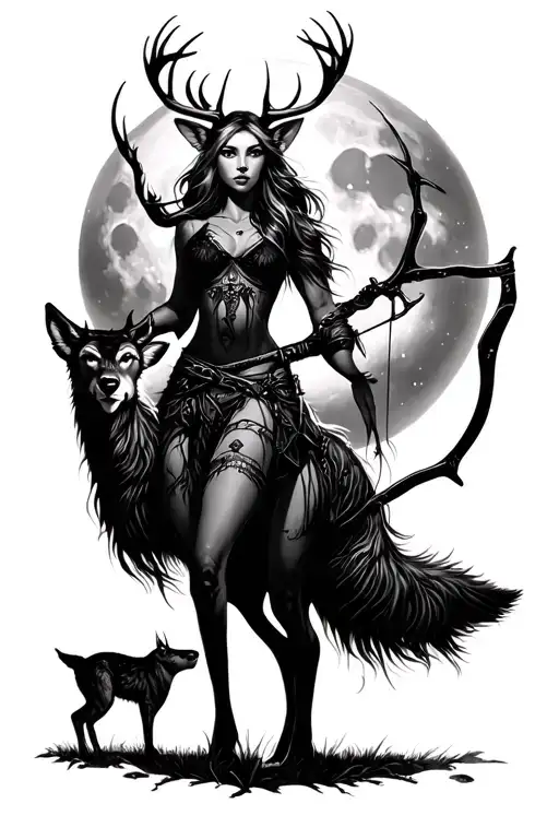 Huntress With Bow And Deer And Wolf Howling At The Moon