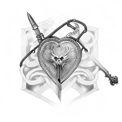 Chain And Heart And Sword Tattoo On With Fire Shoulder