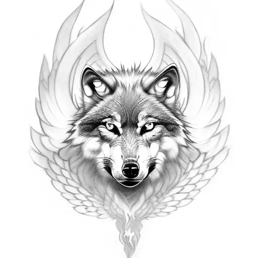 Wolf Face With Phoenix Wings Wiht Fire