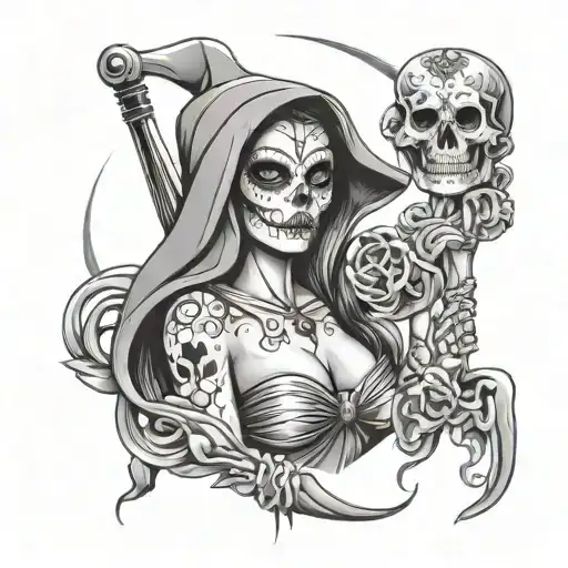 Pinup Girl Grim Reaper With Sugar Skull Face And