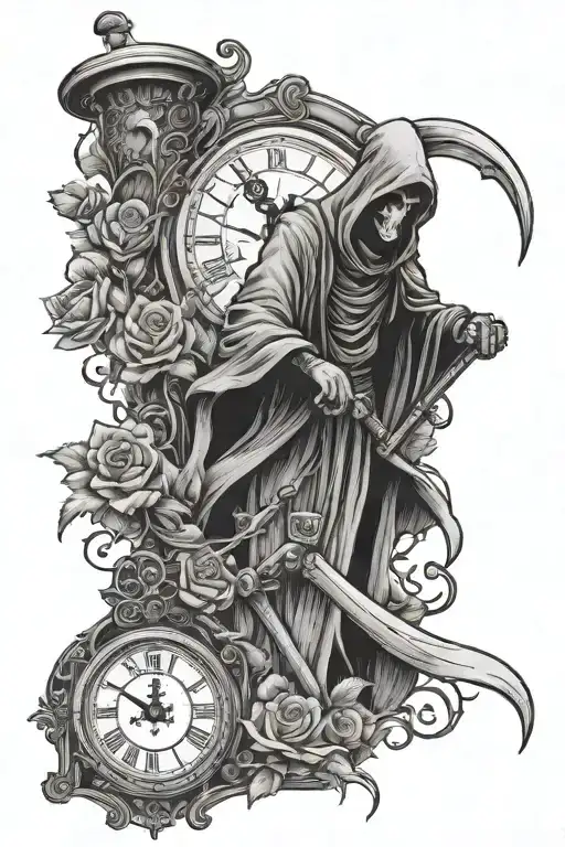Reaper With Sand Clock Running Out With Tattered Roses Growing From The Top Of The Sand Clock