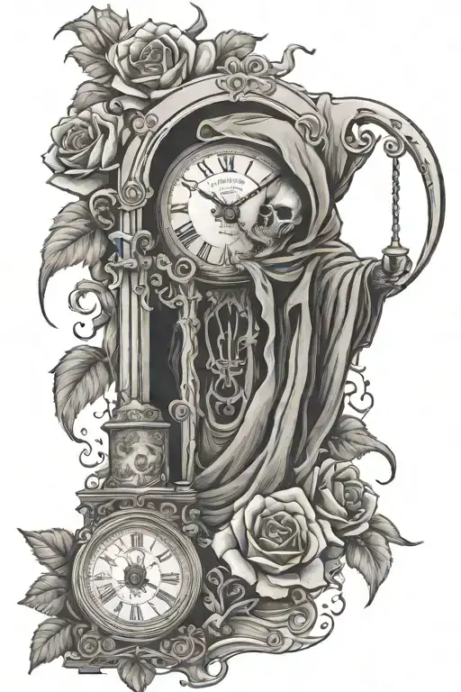 Reaper With Sand Clock Running Out With Tattered Roses Growing From The Top Of The Sand Clock