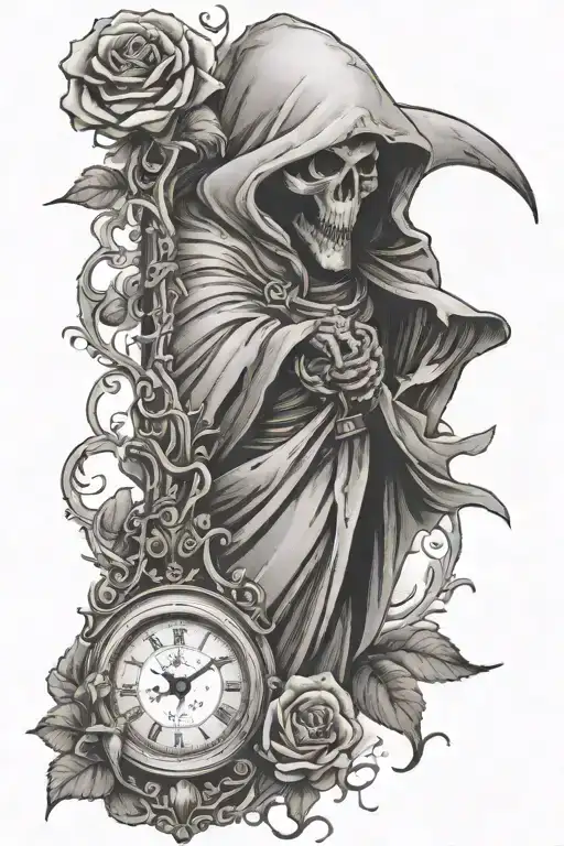 Reaper With Sand Clock Running Out With A Rose Dying At The Top