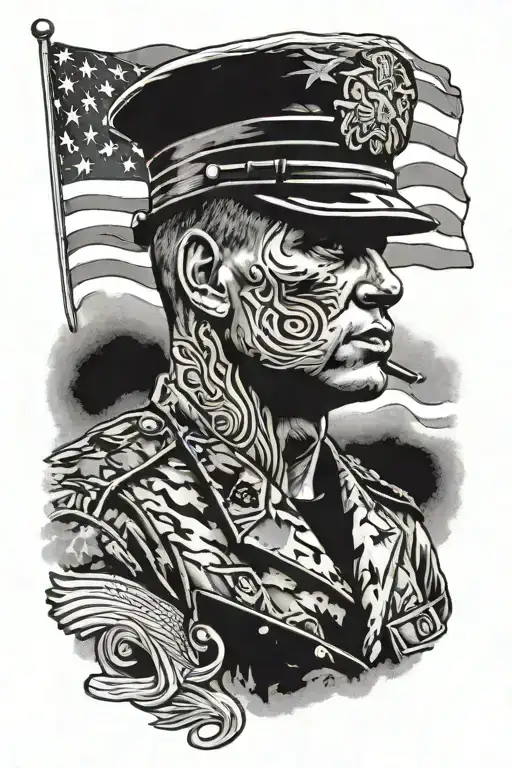 A Detailed Portrait Of A Marine In Full Uniform With The American Flag Waving In The Background