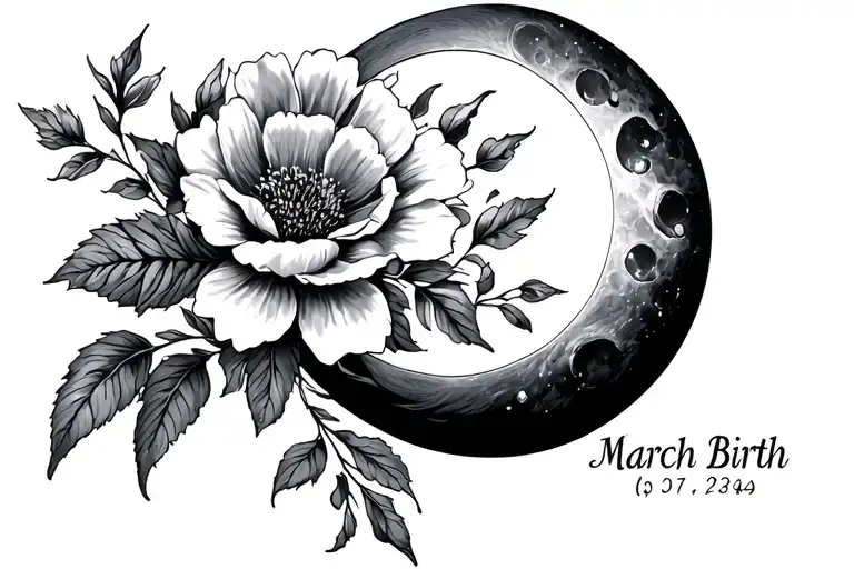 March Birth Flower And Birth Year On Chest With A Moon