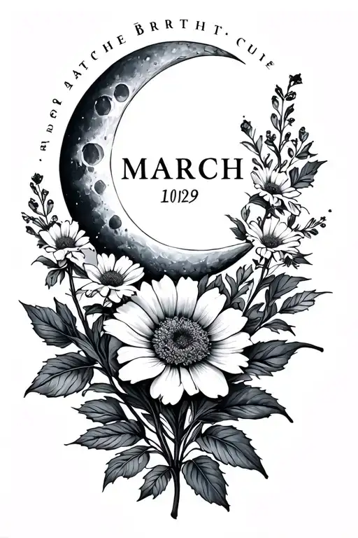 March Birth Flower And Birth Year On Chest With A Moon Small And Dainty And Fine Line