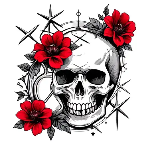 Skull And Red Flowers Intertwined With Stars And Hour Glass Representing Life And Death