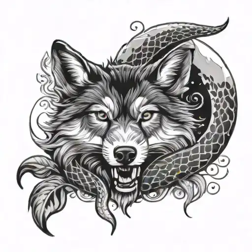 A Mystic Wolf Under A Full Moon Breathing Life Into A Snake Tattoo Design Idea