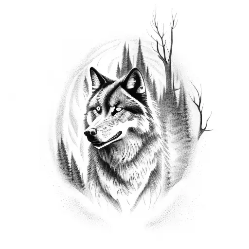 Black Wolf With Bonfire And Forest And River