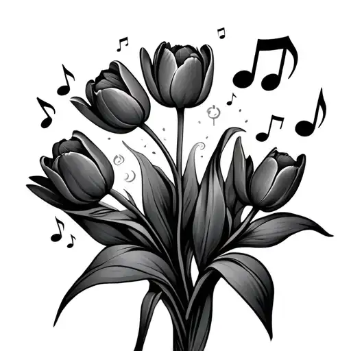 Sunset With Tulips And Music Notes Floating