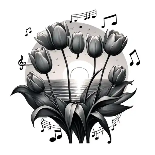 Sunset Surrounded By Tulips And Music Notes