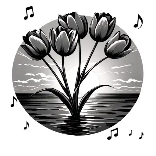A Simple Sunset With Tulips And Music Notes Underneath The Sunset