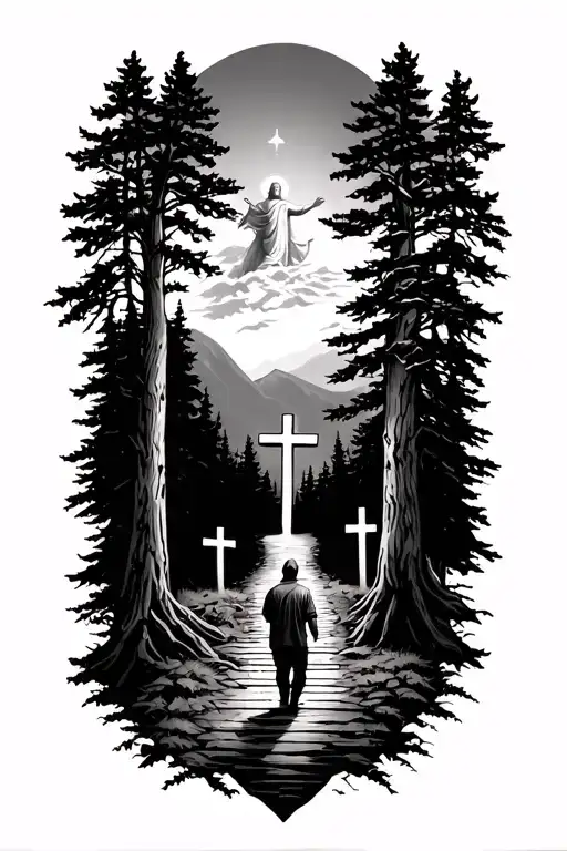 God Looking Down Wth Wood And Trees And Guy Walking Up The Path And The Three Crosses On The Bottom