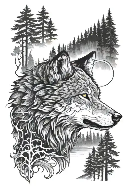 Wolf Head Above Forest Scene