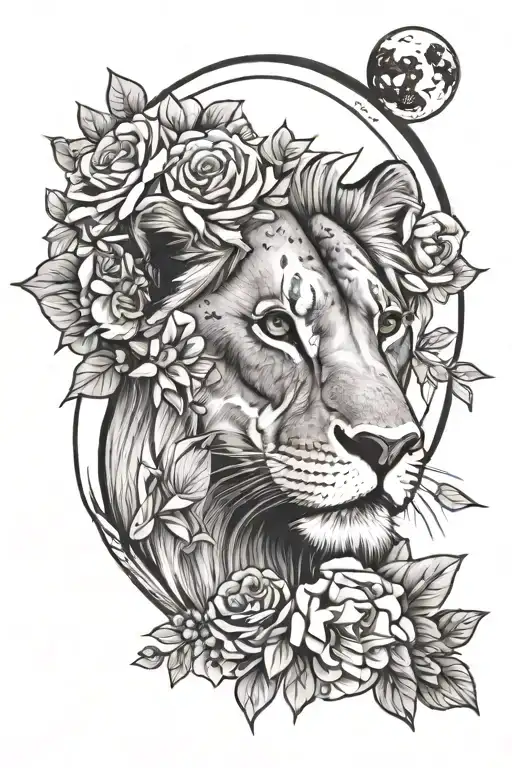 Lioness Crown Flowers And Moon