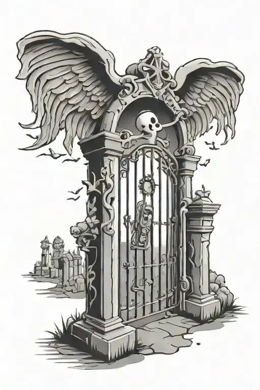 Cartoon Cemetary Gates With Ghost Flying Away