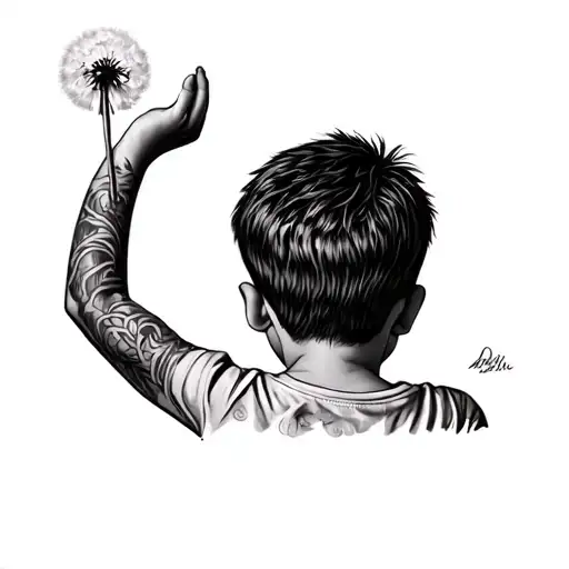 Little Boy With Back Turned Towards Me Holding Dandelion In Hand Above Head