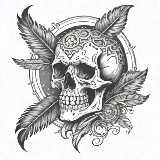 Skull With Feathers And Nortic Symbols Of Freedom And A Night Sky