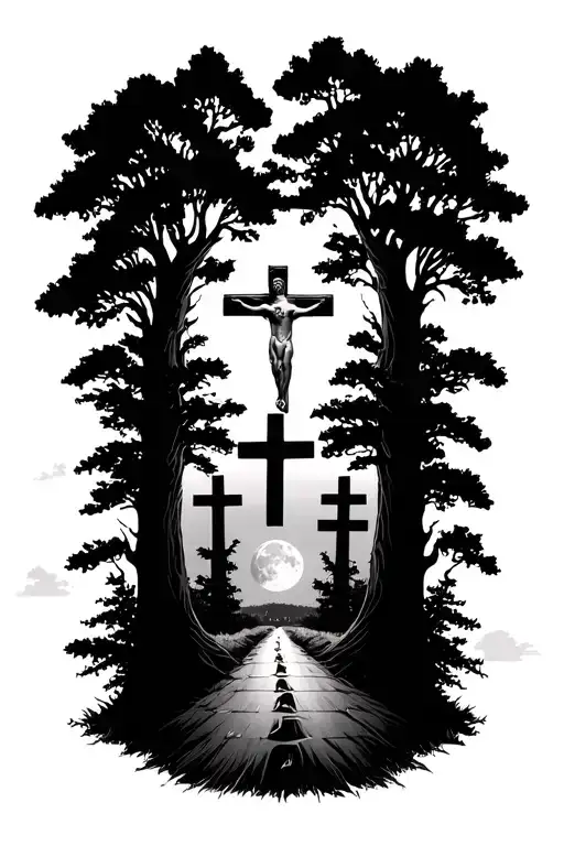 God Looking Down With Trees A Road And A Full Moon And Three Crosses At The Bottom