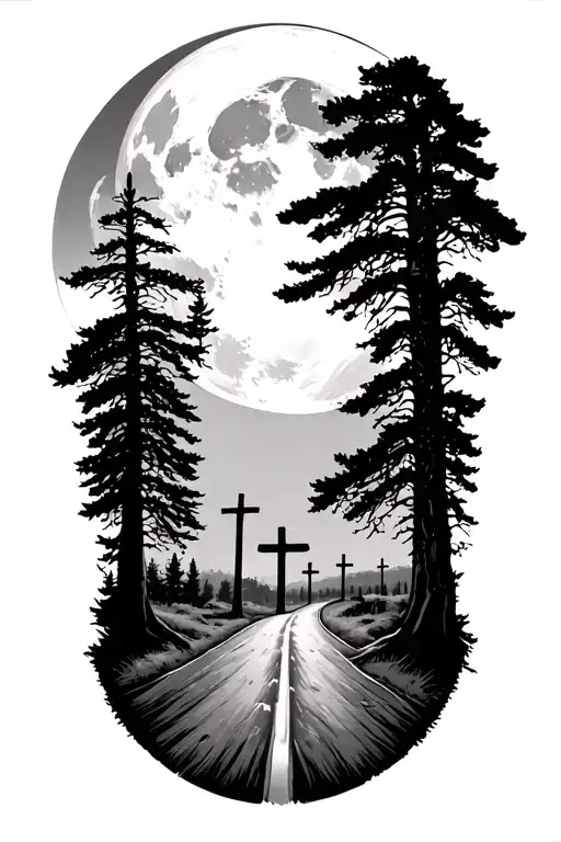 God Looking Down With Trees A Road And A Full Moon And Three Crosses At The Bottom