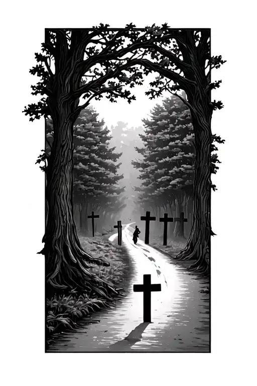 God Looking Down With Trees A Road And Guy On The Road Walking Up And Three Crosses At The Bottom