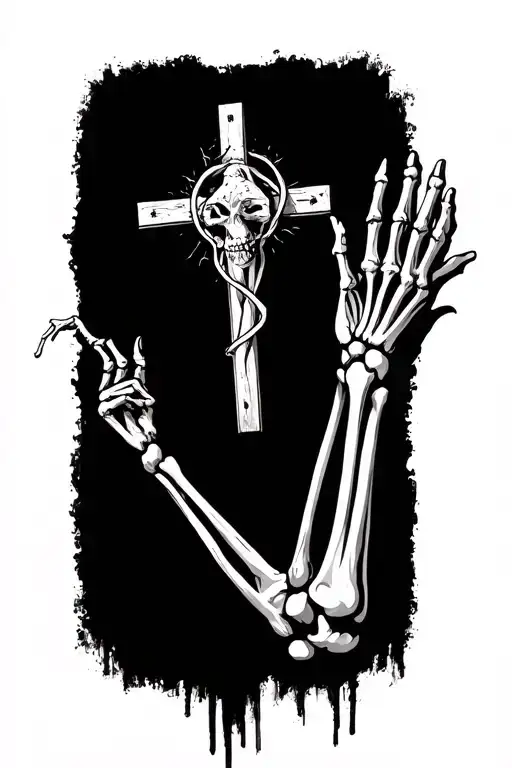 Fading Away Skeleton Arm Reaching Upwards Towards A Christian Cross