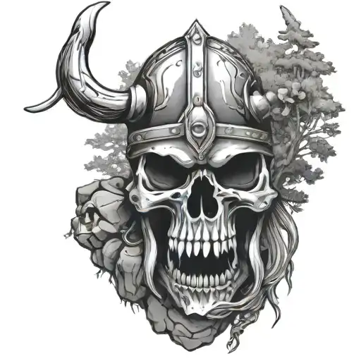 Skull Wearing Viking Helmet Surrounded By Rocks And Trees