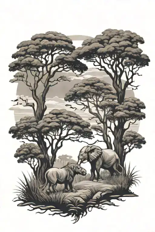 Landscape With African Treees And Silloutte Of Lion Or Elephant